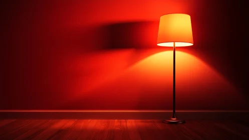 Crimson room hushes while a lone floor lamp quietly blazes