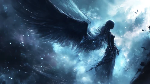 Winged silhouette unravels starlit storm at the sky’s edge