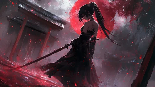 Solitary swordwoman stands beneath a burning crimson moon