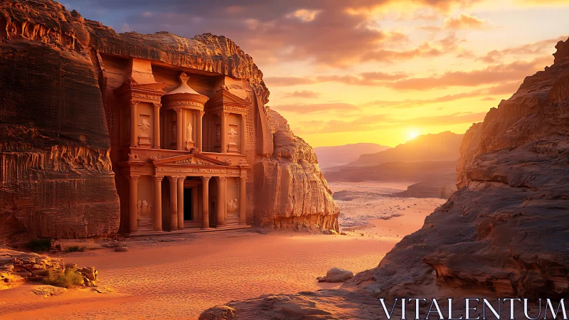 Rock-cut desert temple facade under low sunset light.