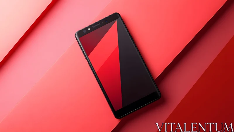 Modern black smartphone on geometric red background, minimal style. Modern black smartphone on geometric red background, minimal style.