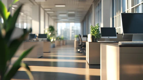 Modern open office interior shows rows of desks and monitors