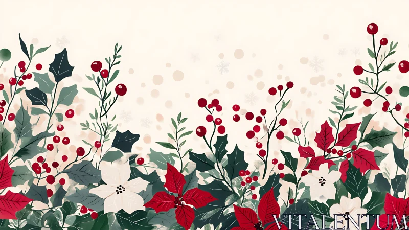 Stylized poinsettia and holly border uses flat vector shading and layered bokeh