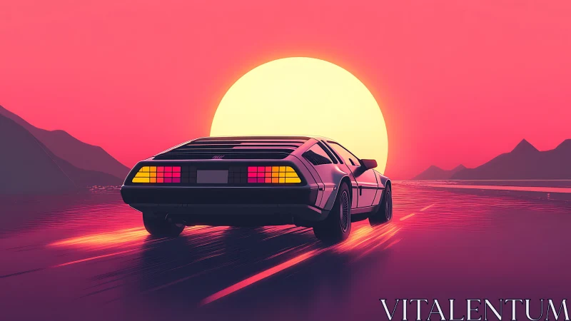 Retro neon coupe against oversized synthwave sunset horizon.
