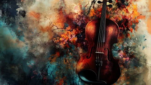 Violin stands against abstract chromatic splatter background