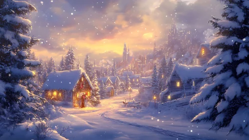 Snowy village cabins glow under a warm winter sunset.