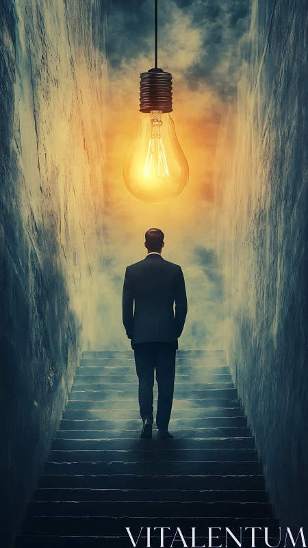 Man on stairway beneath oversized suspended light bulb.