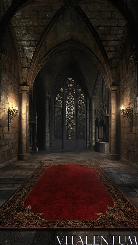 Gothic stone hall with red carpet and stained glass window.