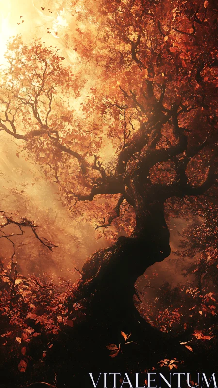 Ancient Tree Silhouette in Autumn Forest Fire.