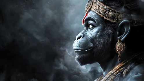 Stormlit simian deity in jeweled crown of silent resolve.