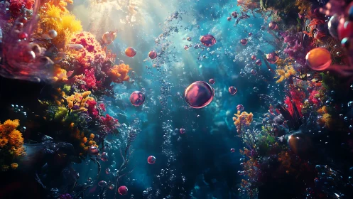 Digital painting of luminous coral canyon with drifting spheres.