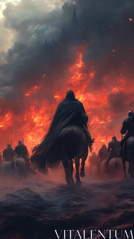 Dark riders charge toward burning citadel under ash sky.