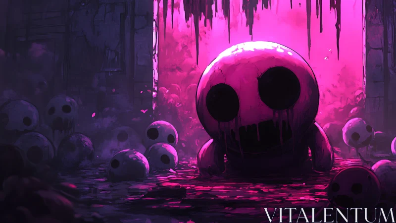 Bleeding-eyed orb creature in neon pink nightmare hall.