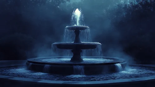 Moonlit tiered fountain rising through nocturnal mist.