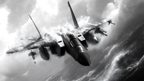 Roaring jet fighter cuts through storm clouds above wild seas