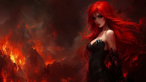 Fiery sorceress stands amid erupting volcanic inferno.