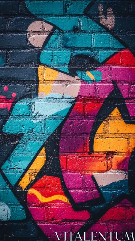 Vibrant geometric graffiti on textured urban brick wall.