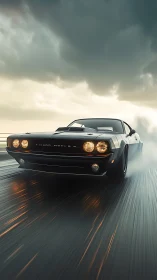 Stormlit muscle car surging down a wet reflective highway.