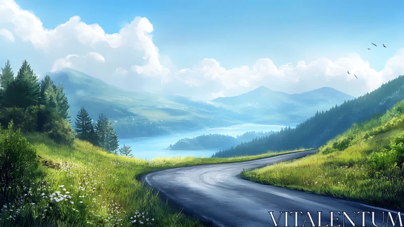 Sunlit winding road curling toward whisper-blue mountains.