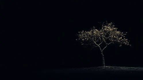 Isolated flowering tree illuminated against deep negative space