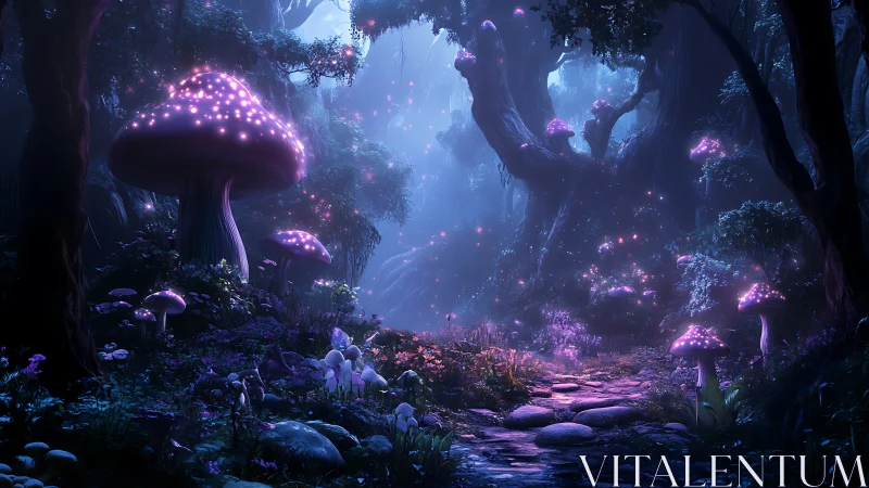 Bioluminescent Forest Ravine Illuminated by Glowing Fungi.