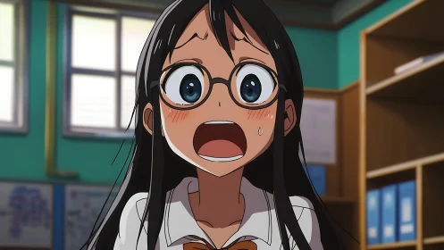Shocked anime schoolgirl with glasses in bright classroom.
