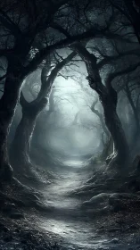 Moonlit haunted forest path under twisted arching trees.