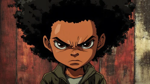 Intense afro-crowned youth in high-contrast anime portrait.
