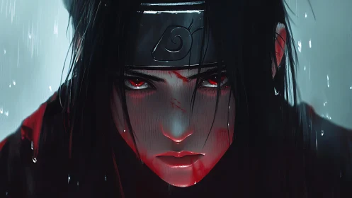 Scarlet-eyed ninja stares ahead in the pouring rain.