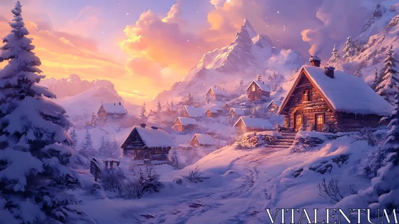 Snowbound mountain village under ember-tinted twilight sky.