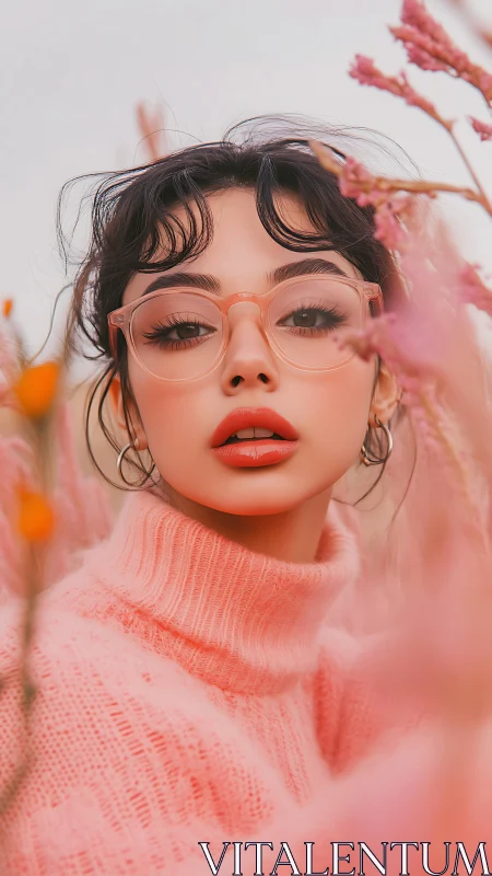 Stylized woman in pink sweater and glasses among flowers.
