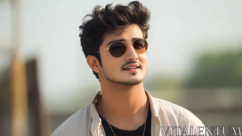 Sunlit portrait of stylish young man in shallow depth of field