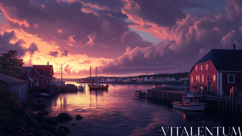 Sunset harbor inlet with red wooden boathouses and sailboat