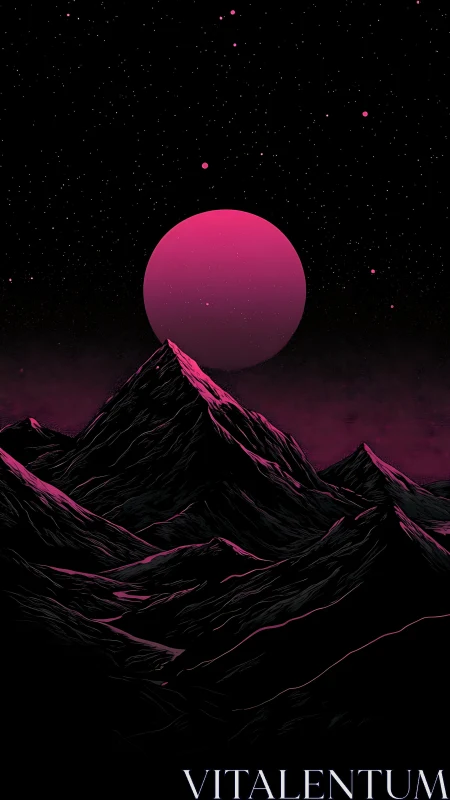 Neon crimson planet over shadowed ridgeline peaks.