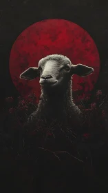 Lone lamb illuminated before ominous crimson moonrise.