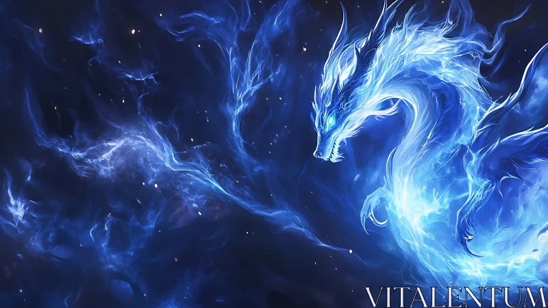 Celestial blue dragon formed from luminous cosmic nebula.