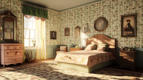 Sunlit vintage bedroom glows with floral warmth and charm
