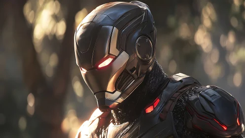 Armored sci fi warrior portrait in forest light.