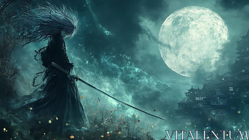 Moonlit samurai watches a distant fortress under stormy skies