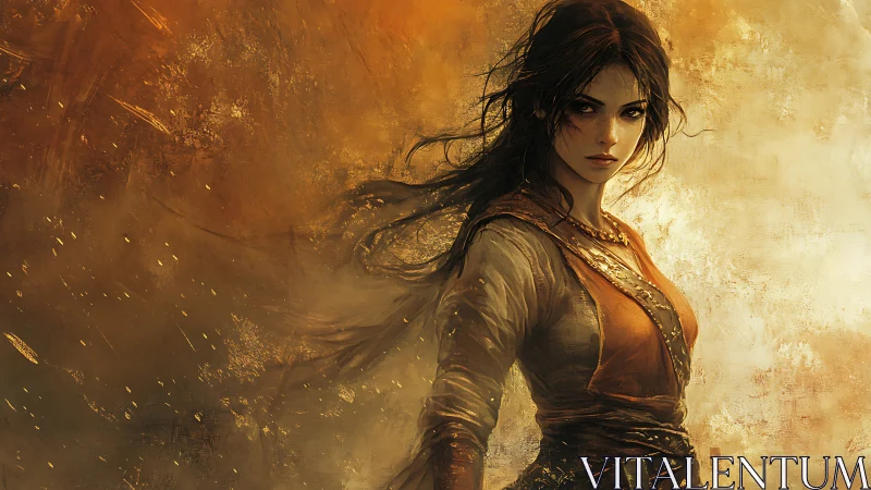 Stormlit ember warrior wrapped in swirling golden dust storm.