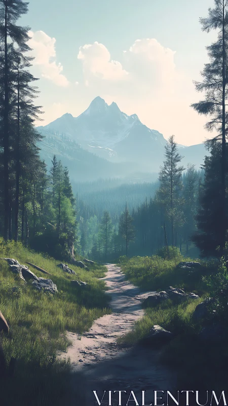 Mountain Passage Beckons Through Towering Forest Sentinels