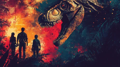 Silhouetted figures near large dinosaur head in jungle scene.