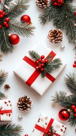 Crimson ribbons crown winter gifts in frosted pine magic.