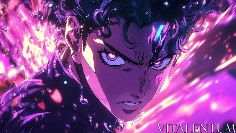 Violet storm aura engulfing fierce anime warrior portrait.