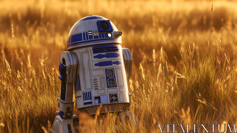 Astromech reconnaissance unit in sunset grassland field.