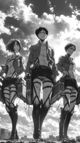 Determined anime soldiers stride forward under a stormy sky