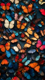 Multicolored butterfly specimen array on deep teal background