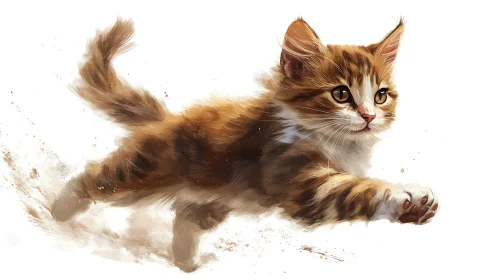 Playful Tabby Cat Mid-Leap Against White Background.