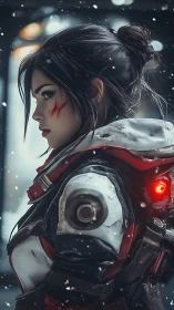 Battle-scarred sci fi huntress stands focused in falling snow