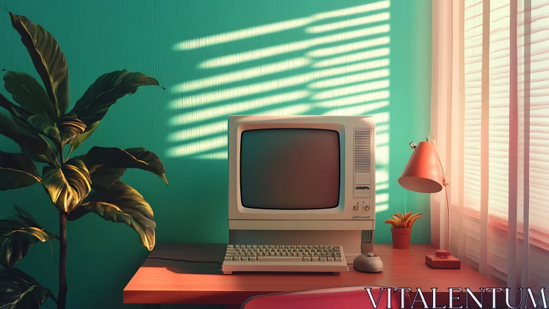 Retro desktop computer on wooden desk by window with blinds.